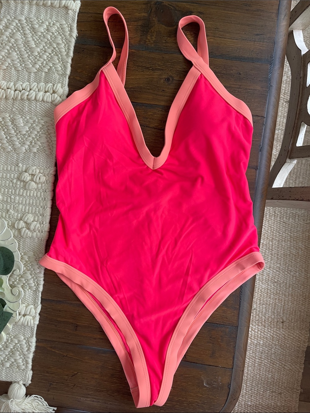 Woman’s One-Piece Swimsuit in Bright Pink with Peach Trim